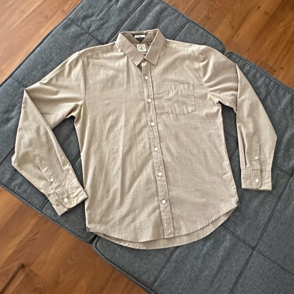 Volcom Men Button Up Shirt Classic Fit Long Sleeve, Brown, Size M, Cotton Blend
